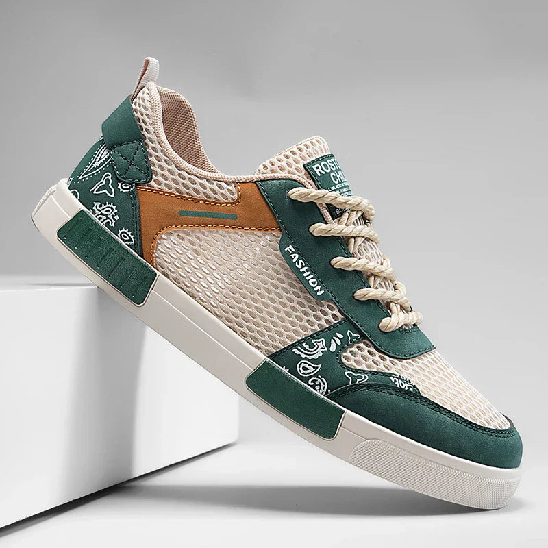 Men's Paisley Print Low Top Sneakers – Mesh Panel Lace Up Casual Skate Shoes
