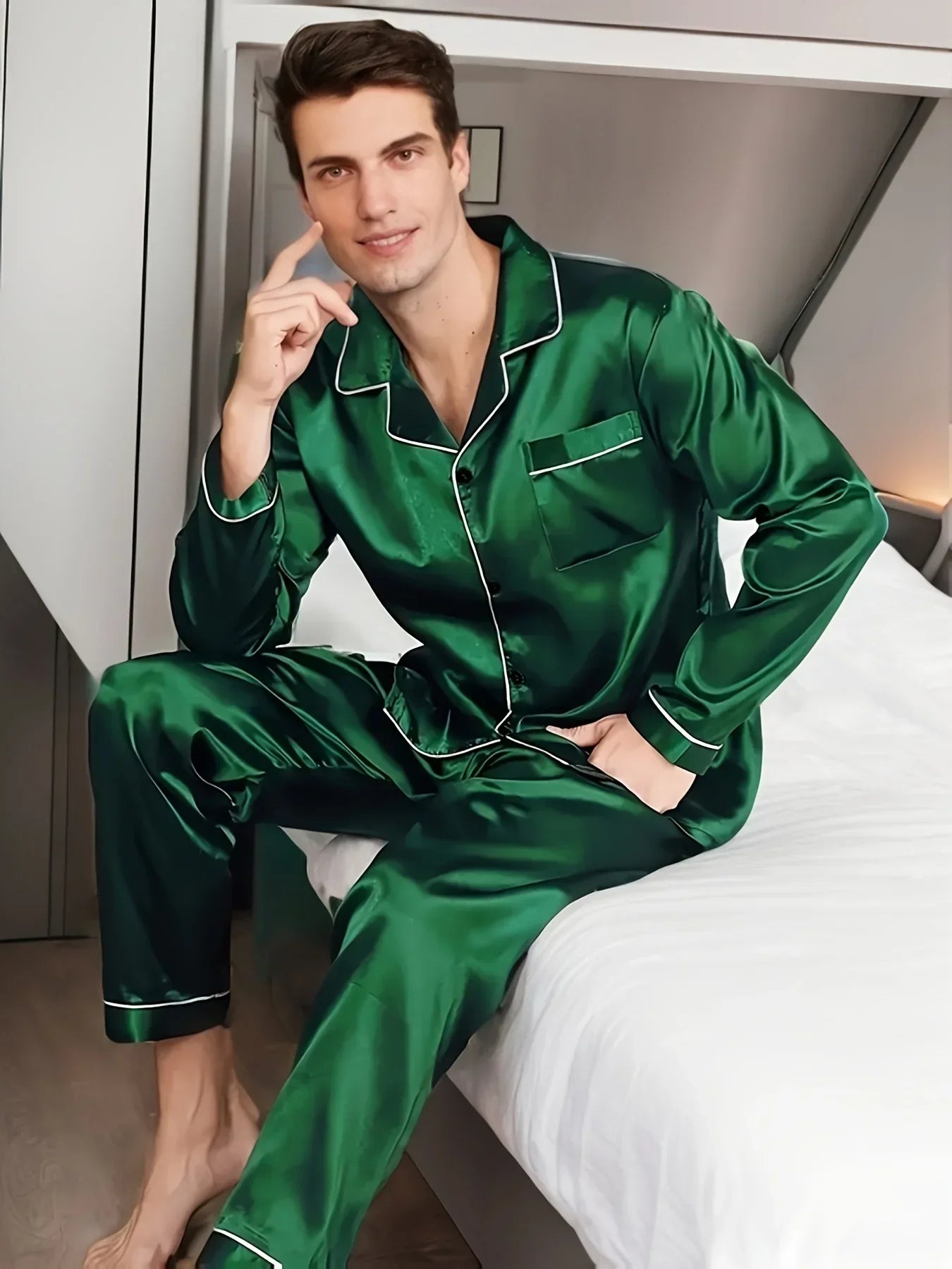 Men's Pajama Set – Notch Collar Button Front Contrast Piping Nightwear