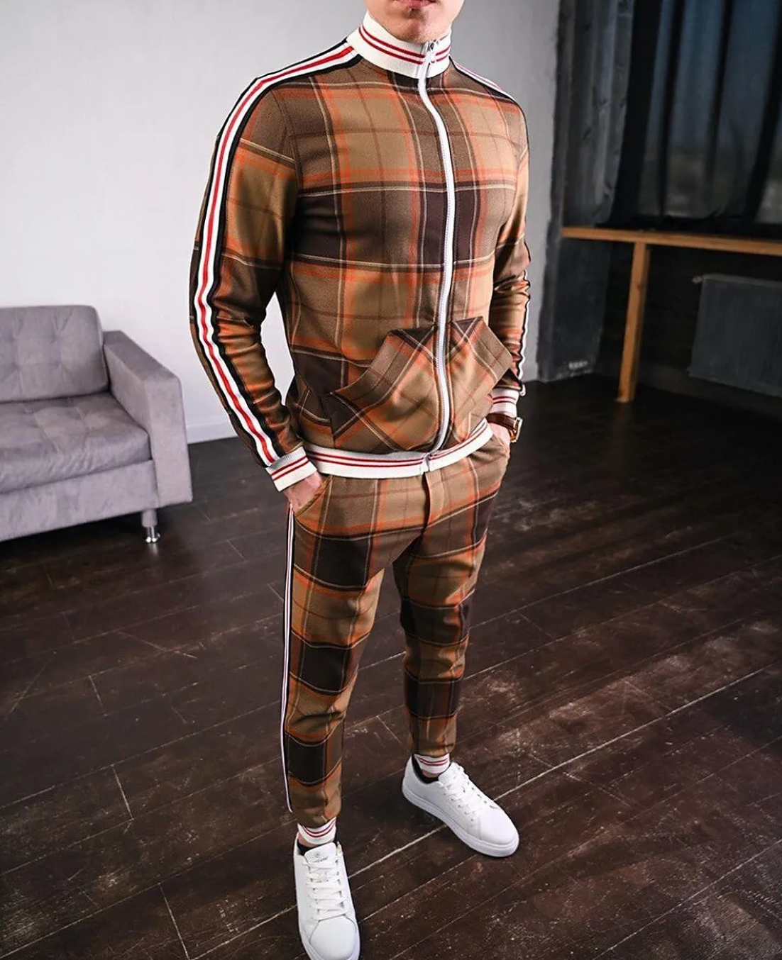 Men's Plaid 2-Piece Tracksuit – Stand Collar Zip Up Side Stripe Jogger Set