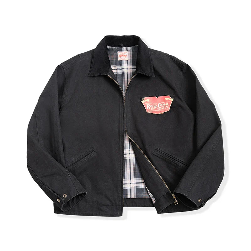 Men's Retro Canvas Jacket – Plaid Lined Corduroy Collar Zip Front Workwear