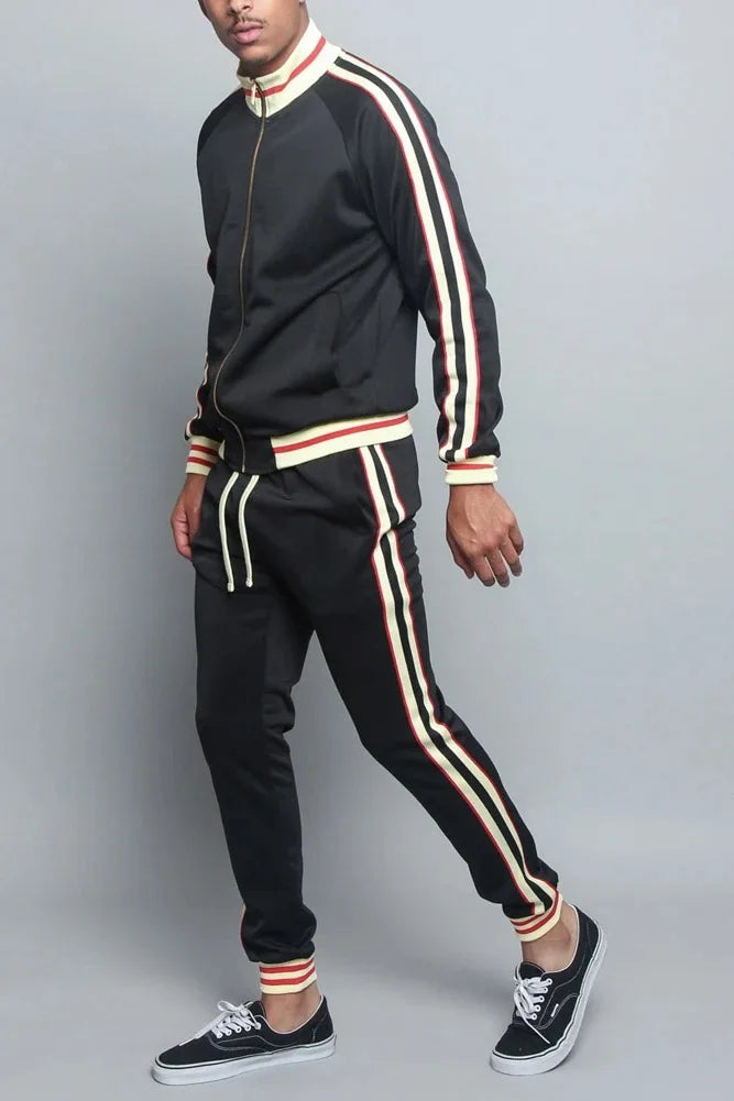 Men's Retro Stripe 2-Piece Tracksuit – Bomber Collar Zip Up Jogger Set