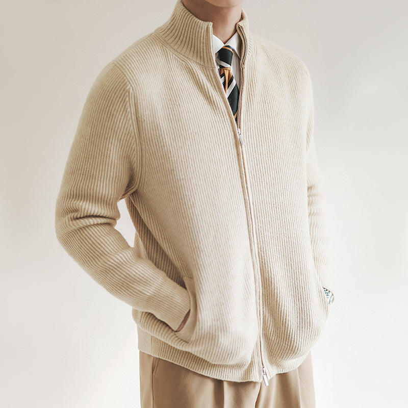 Men's Ribbed Full Zip Stand Collar Knit Cardigan – Long Sleeve Smart Casual Wear