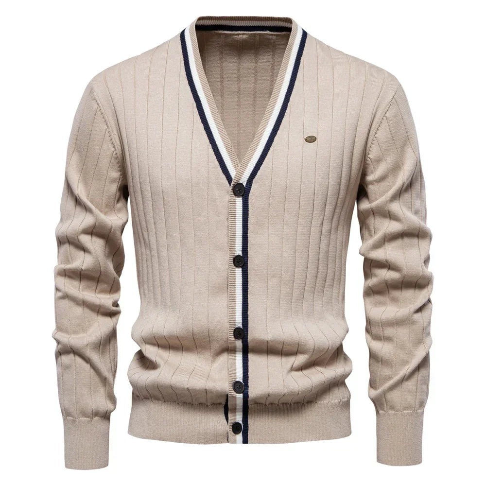 Men's Ribbed V Neck Button Cardigan – Contrast Trim Long Sleeve Casual Wear