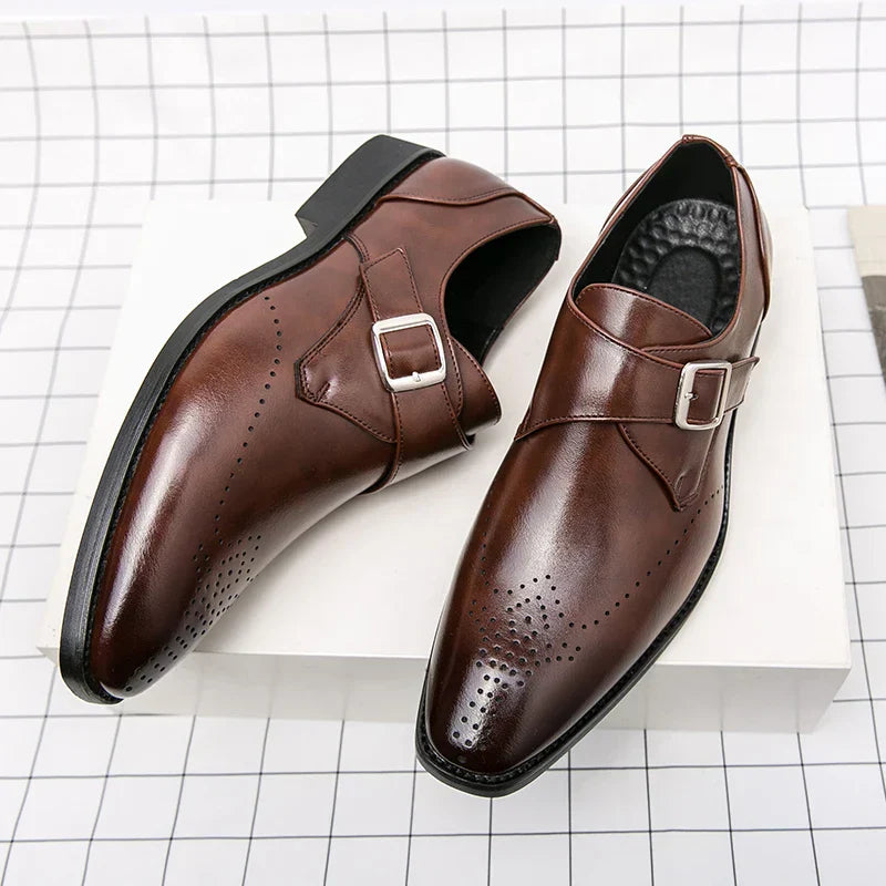 Men's Single Monk Strap Dress Shoes – Perforated Toe Cap Block Heel Formal