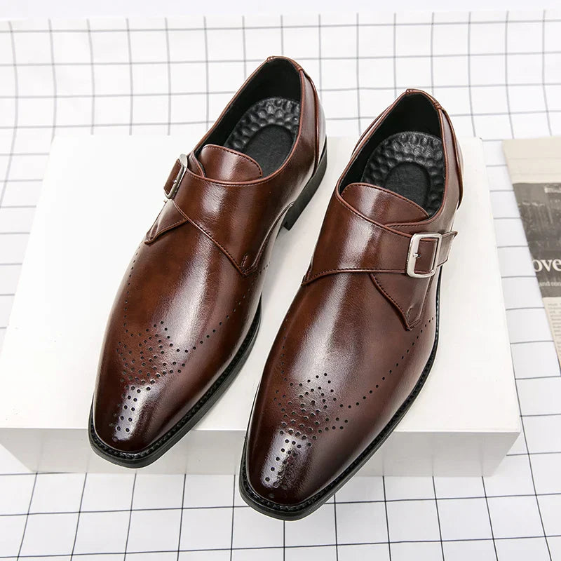 Men's Single Monk Strap Dress Shoes – Perforated Toe Cap Block Heel Formal