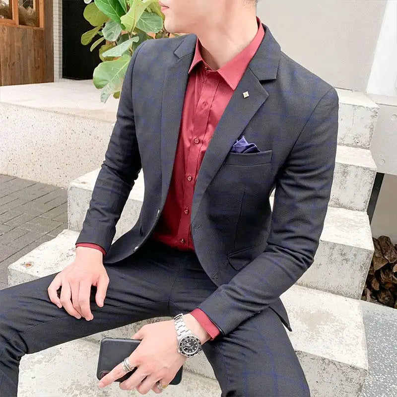 Men's Slim Fit Check Suit – Notch Lapel Single Breasted Two Piece Wedding