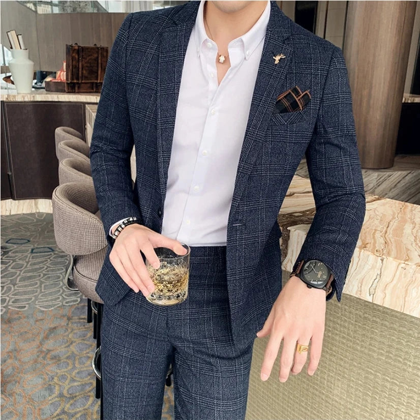 Men's Slim Fit Check Suit – Notch Lapel Single Breasted Two Piece Wedding