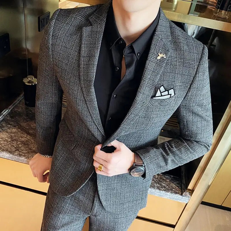 Men's Slim Fit Check Suit – Notch Lapel Single Breasted Two Piece Wedding