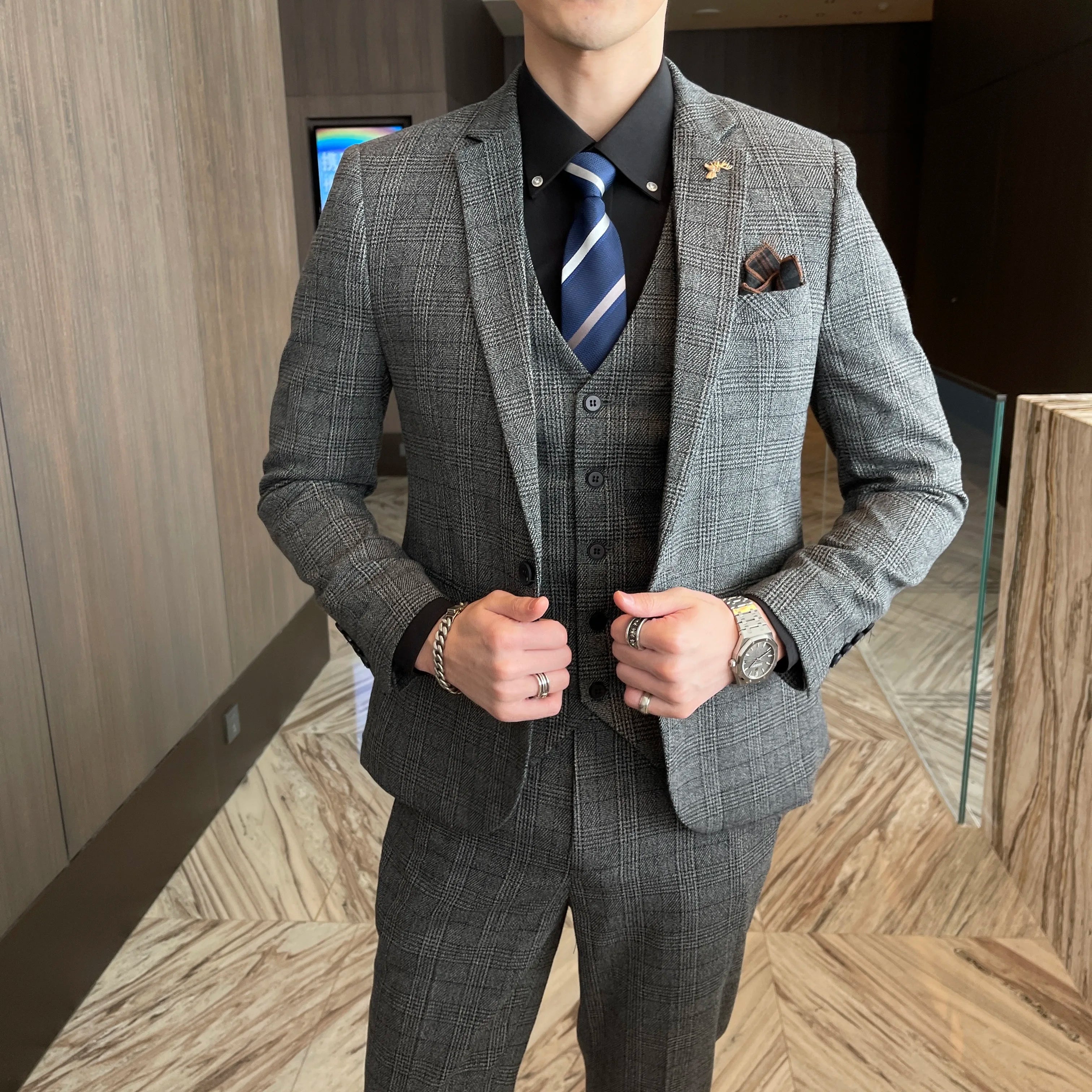 Men's Slim Fit Check Three Piece Suit – Notch Lapel Blazer Waistcoat Wedding