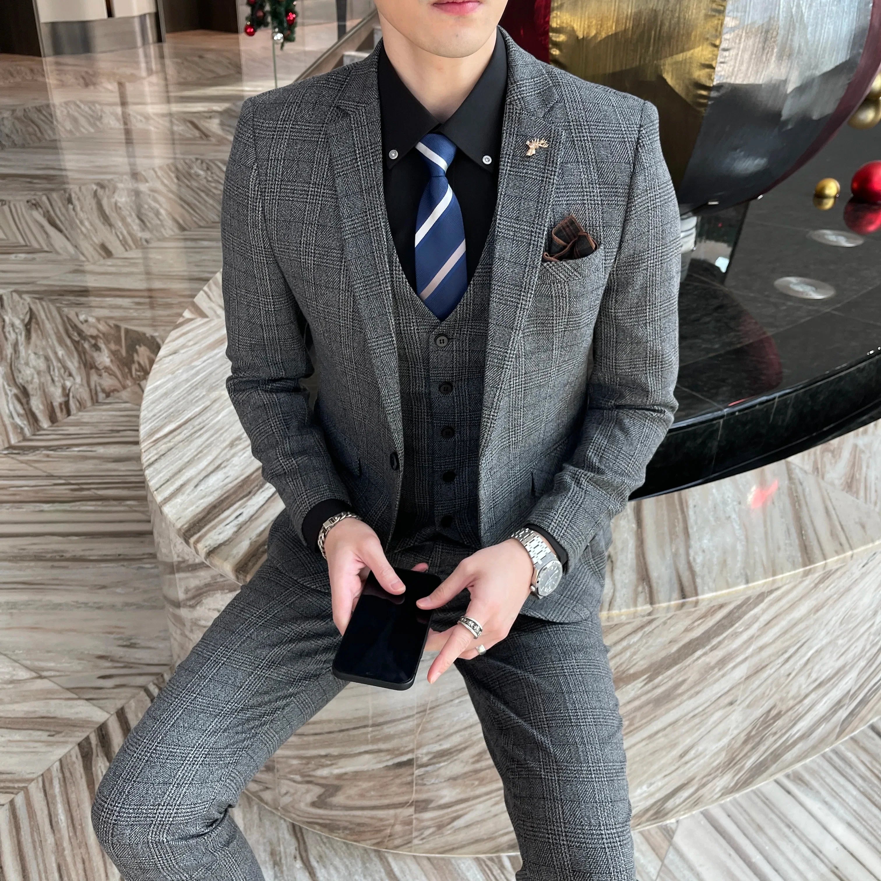Men's Slim Fit Check Three Piece Suit – Notch Lapel Blazer Waistcoat Wedding