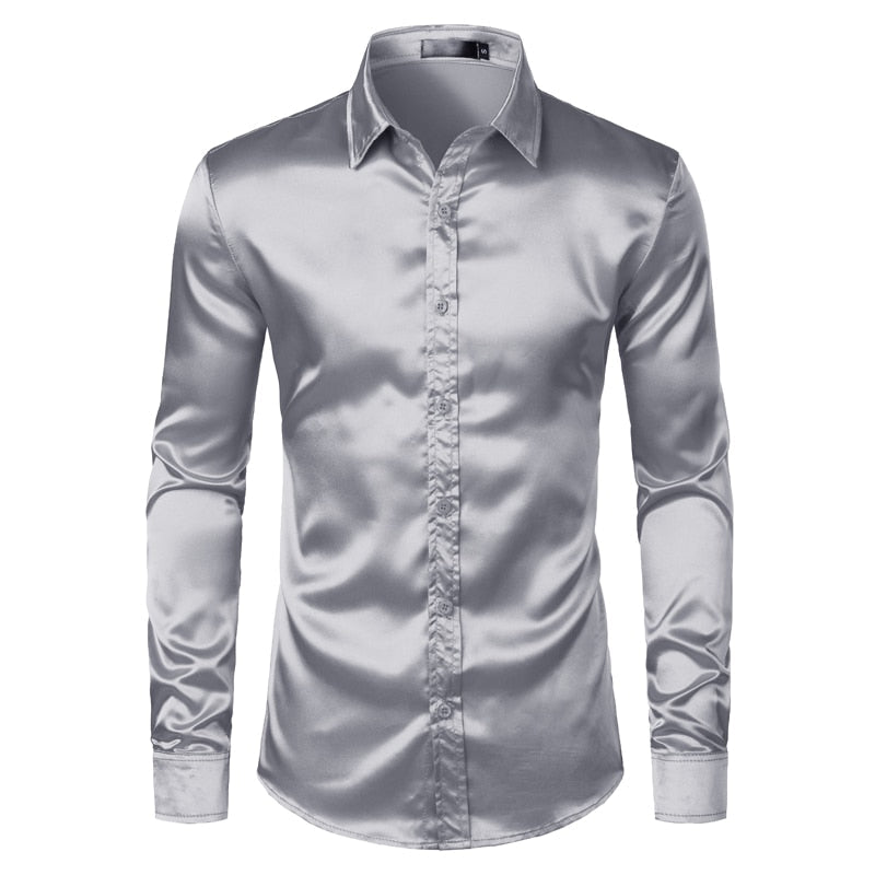 Men's Slim Fit Satin Shirt – Spread Collar Long Sleeve Formal Dress