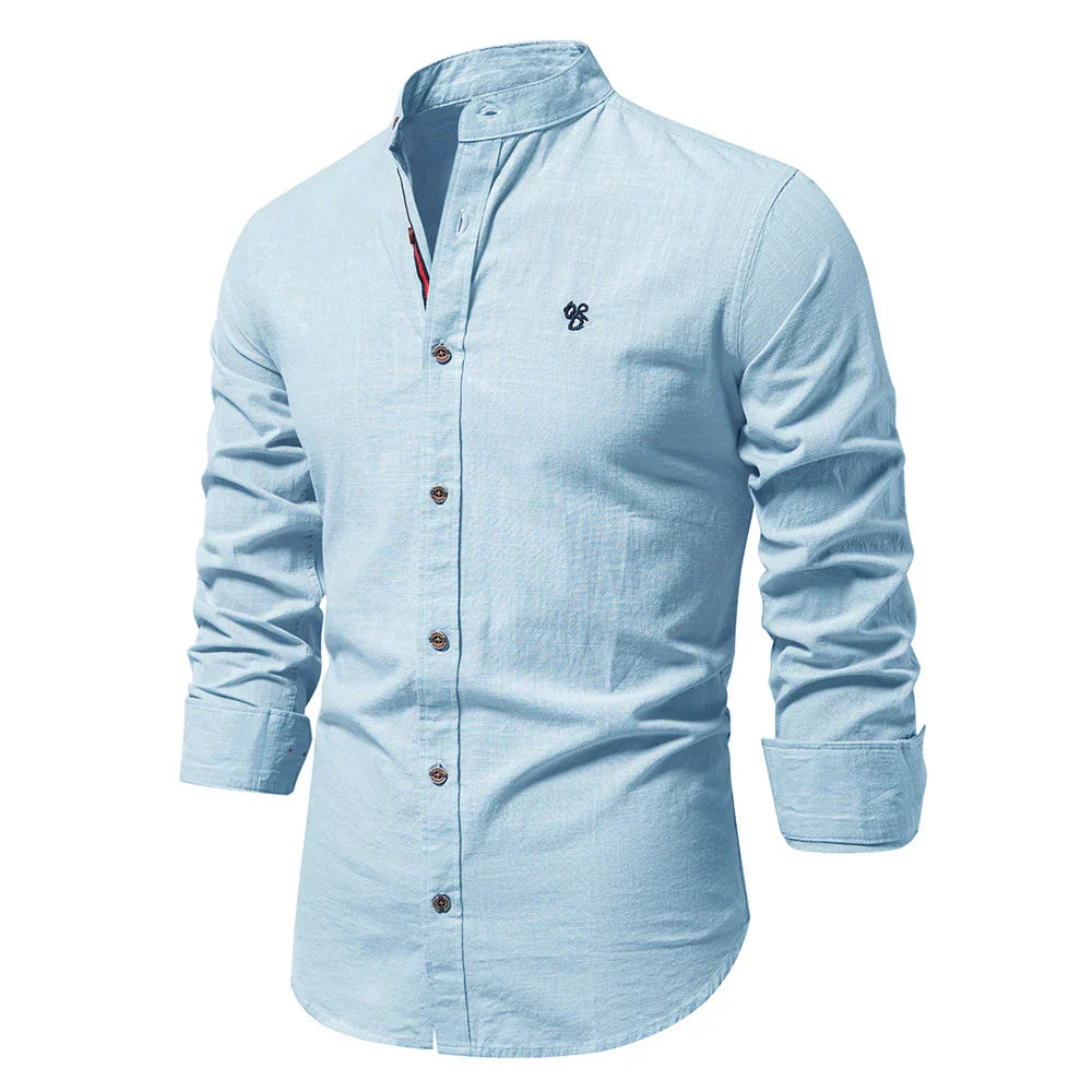 Men's Slim Fit Solid Shirt – Mandarin Collar Long Sleeve Smart Casual
