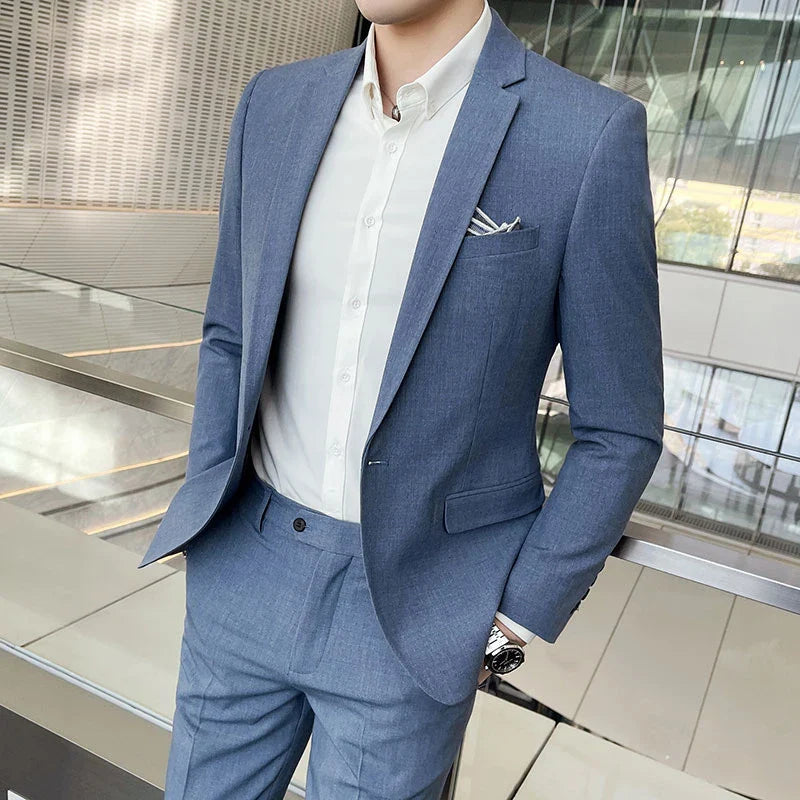 Men's Slim Fit Solid Two-Piece Suit – Notch Lapel Single Breasted Business Formal