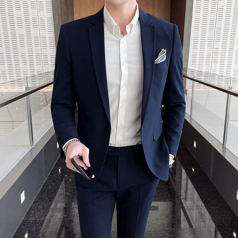 Men's Slim Fit Solid Two-Piece Suit – Notch Lapel Single Breasted Business Formal