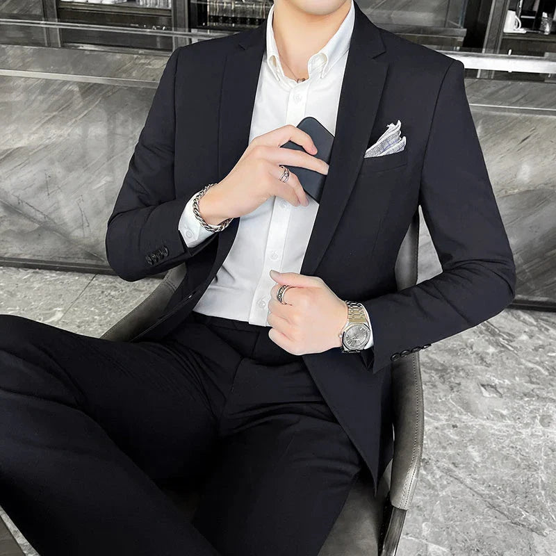 Men's Slim Fit Solid Two-Piece Suit – Notch Lapel Single Breasted Business Formal