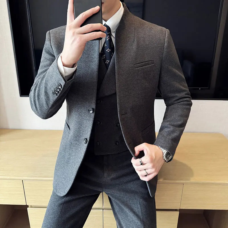 Men's Slim Fit Two Piece Suit – Stand Collar Single Breasted Formal