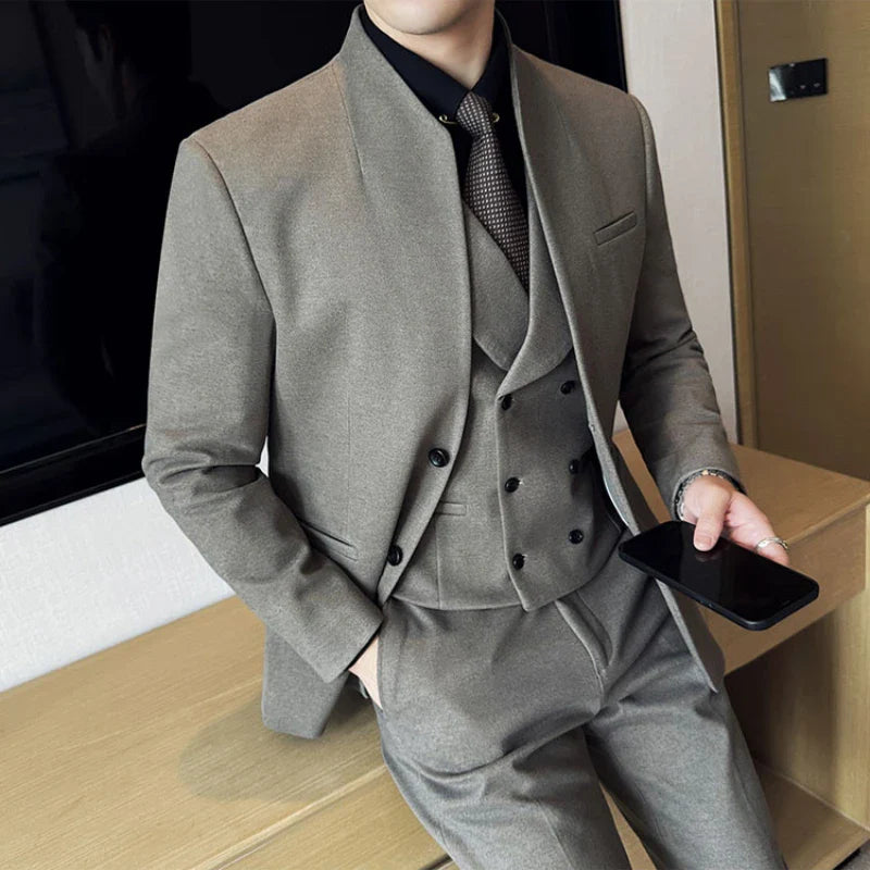 Men's Slim Fit Two Piece Suit – Stand Collar Single Breasted Formal