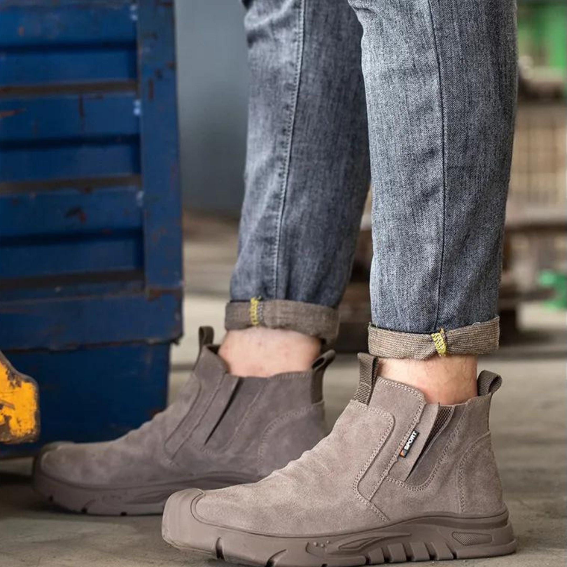 Men's Slip-On Steel Toe Work Boots – Suede Upper Pull Tab Industrial Safety