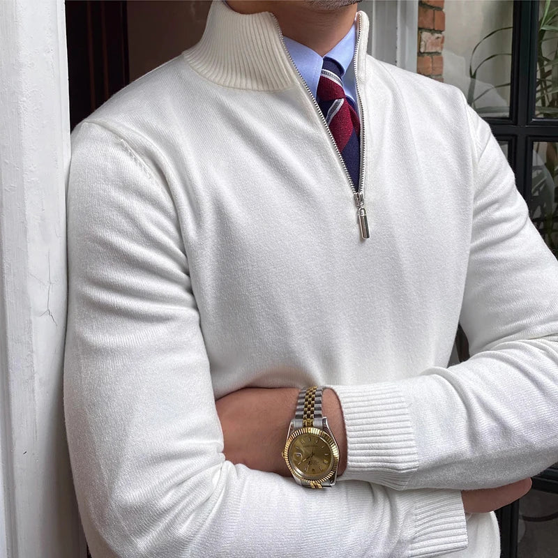 Men's Solid Half Zip Sweater – Stand Collar Long Sleeve Office Casual