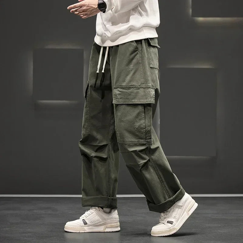 Men's Straight Leg Cargo Pants – Multi Pocket Drawstring Waist Street Outdoor