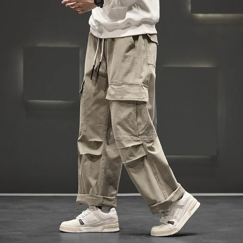 Men's Straight Leg Cargo Pants – Multi Pocket Drawstring Waist Street Outdoor