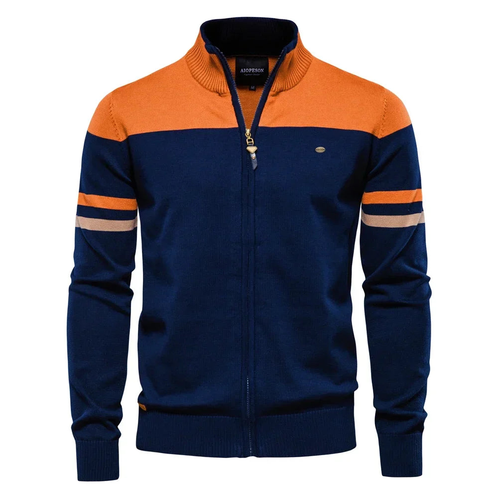 Men's Stripe Sleeve Full Zip Cardigan – Stand Collar Long Sleeve Everyday Wear