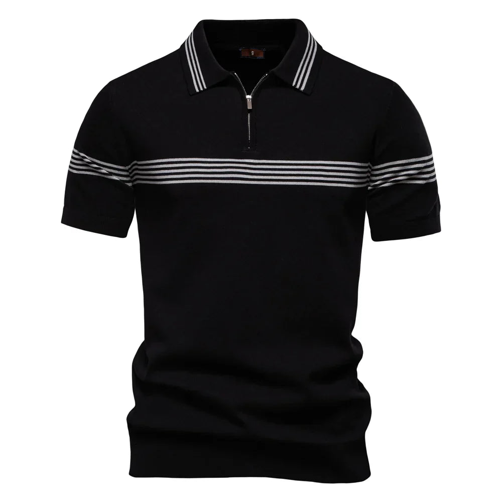 Men's Striped Knit Polo Shirt – Quarter Zip Short Sleeve Golf Casual