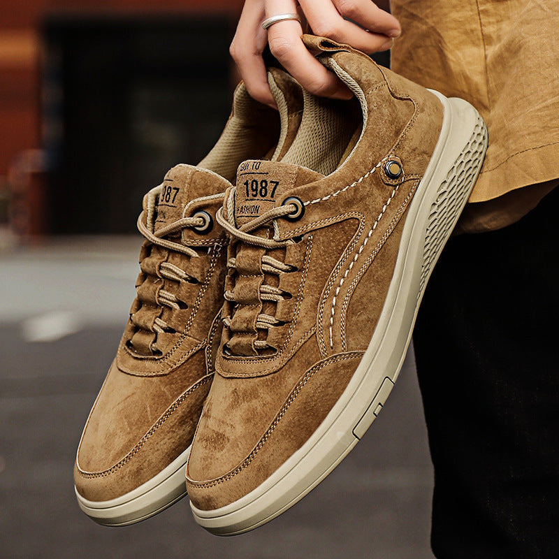Men's Suede Low Top Sneakers – Lace Up Perforated Panel Round Toe Casual