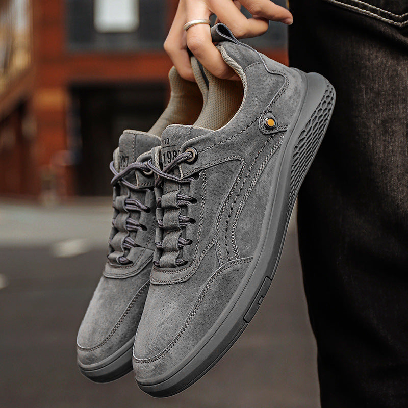 Men's Suede Low Top Sneakers – Lace Up Perforated Panel Round Toe Casual