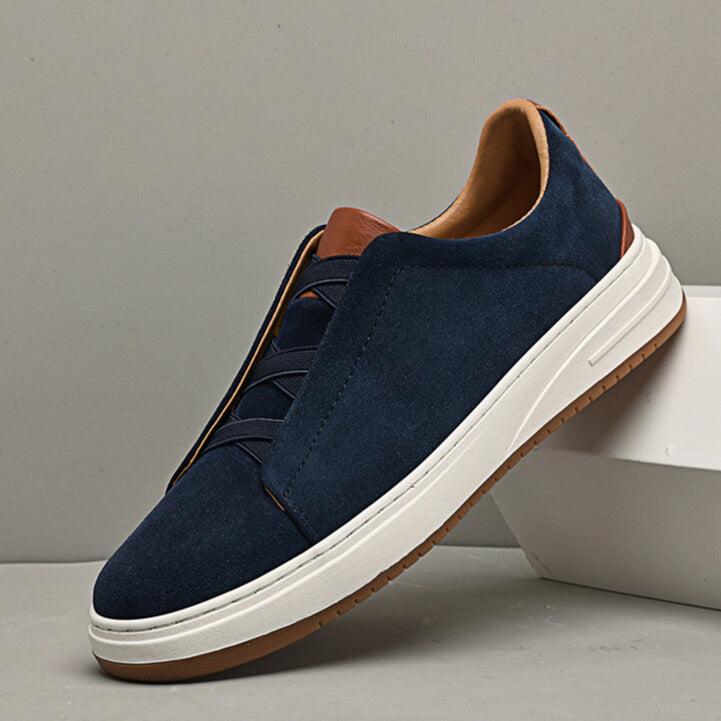 Men's Suede Sneakers – Elastic Cross Strap Low Top Contrast Heel Casual Shoes