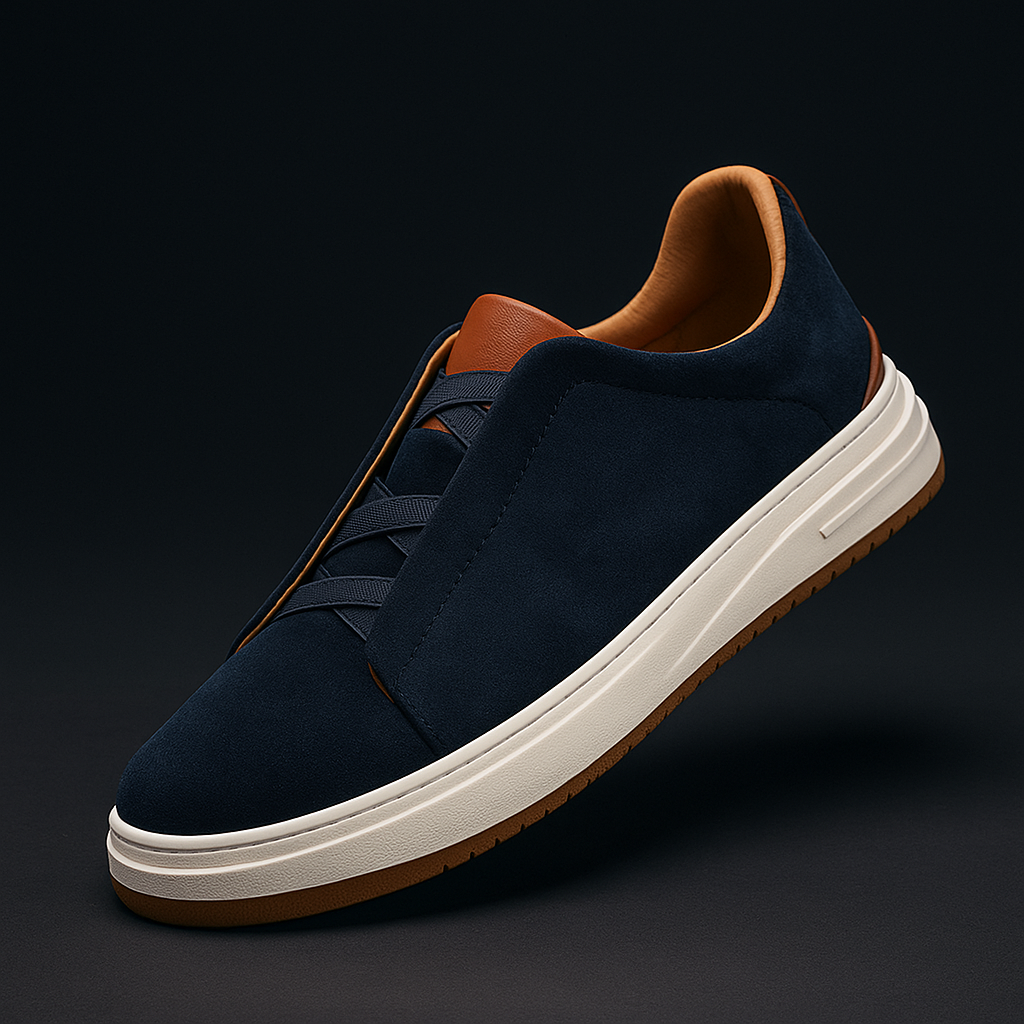 Men's Suede Sneakers – Elastic Cross Strap Low Top Contrast Heel Casual Shoes