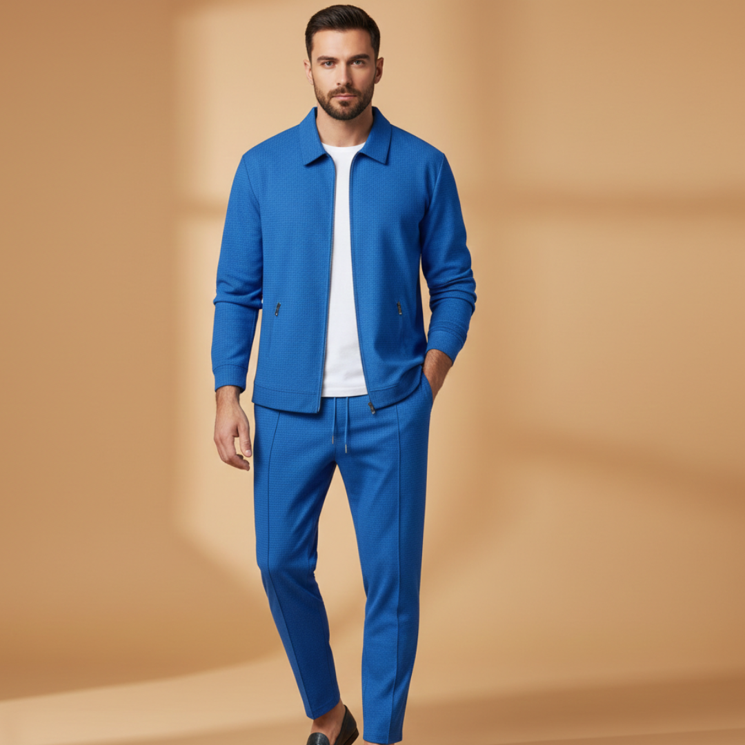 Men's Textured 2-Piece Tracksuit – Zip Up Jacket Drawstring Jogger Casual