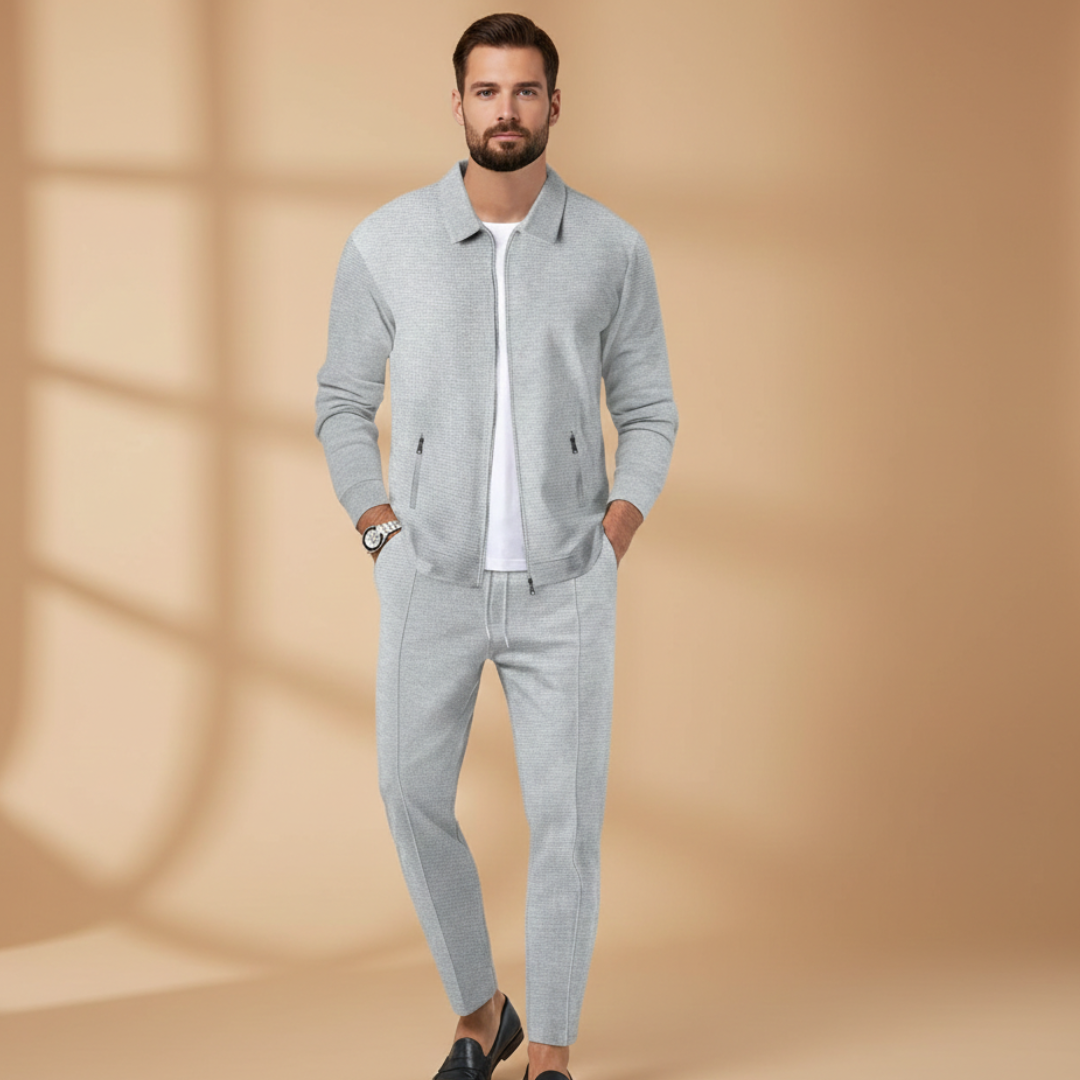 Men's Textured 2-Piece Tracksuit – Zip Up Jacket Drawstring Jogger Casual