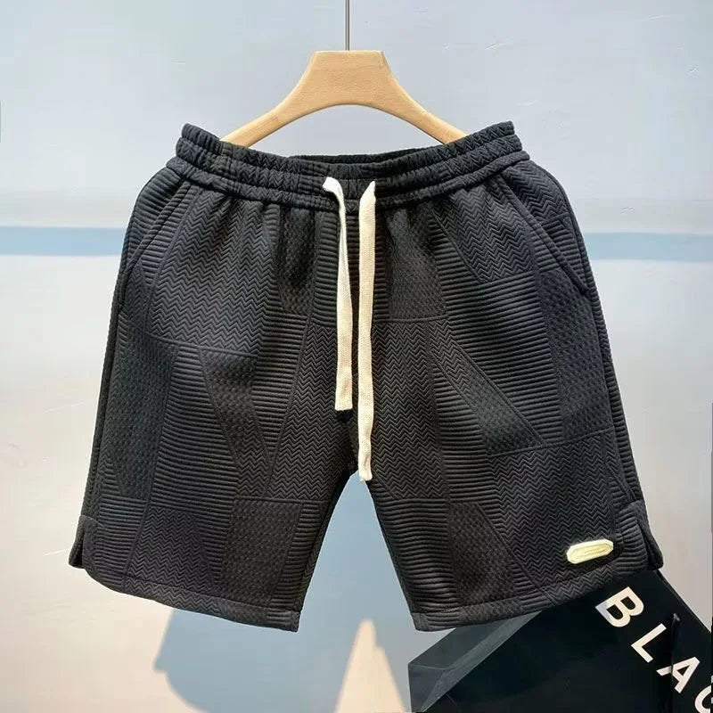 Men's Textured Drawstring Shorts – Pull On Ribbed Geometric Mid Length