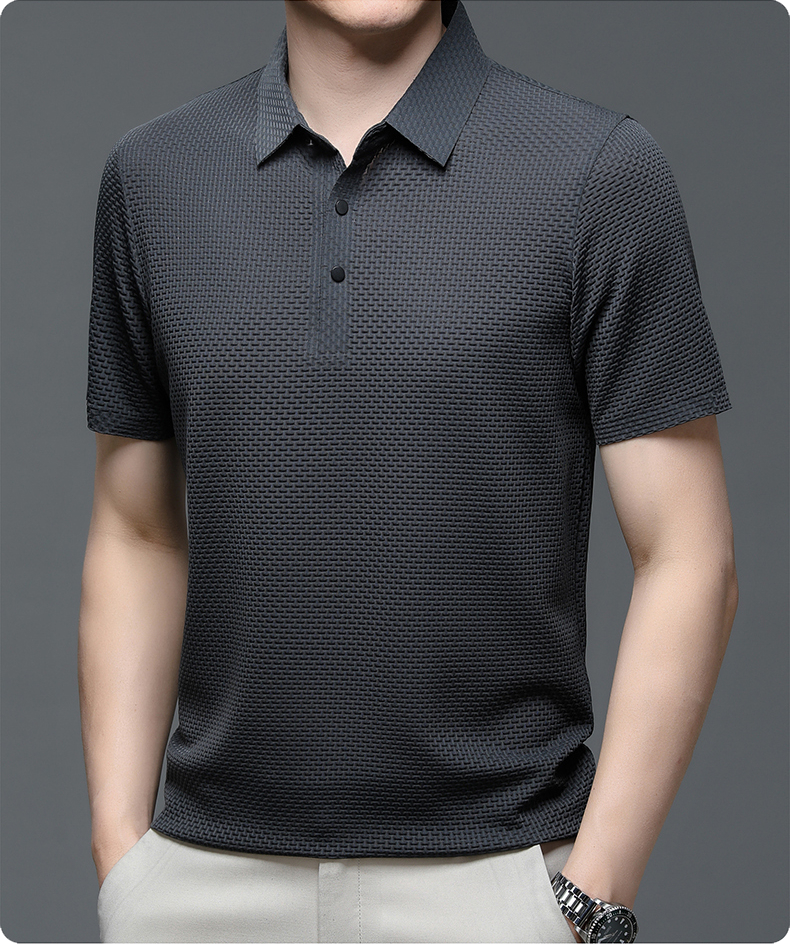 Men's Textured Knit Polo Shirt – Short Sleeve Button Placket Smart Casual