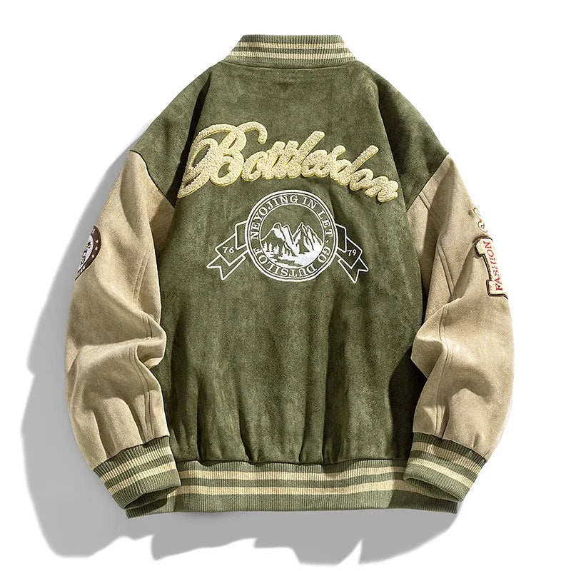 Men's Two Tone Varsity Bomber Jacket – Snap Button Embroidered Patch Streetwear