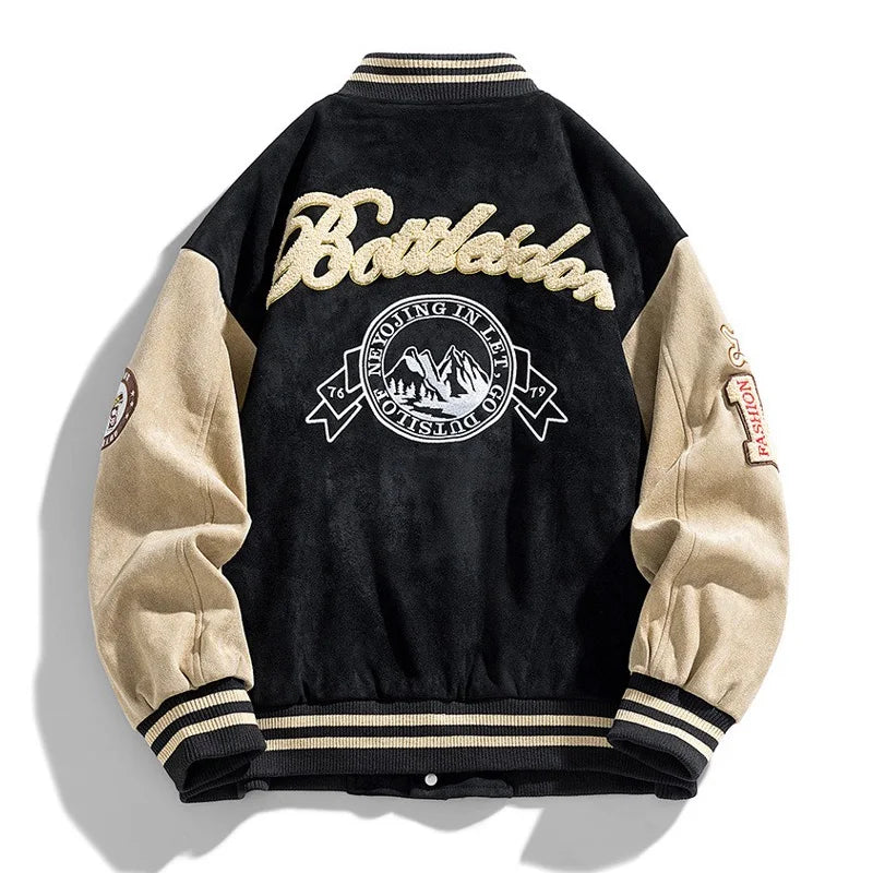 Men's Two Tone Varsity Bomber Jacket – Snap Button Embroidered Patch Streetwear