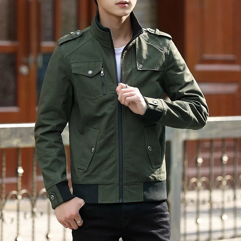 Men's Utility Bomber Jacket – Stand Collar Epaulette Multi Pocket Outerwear
