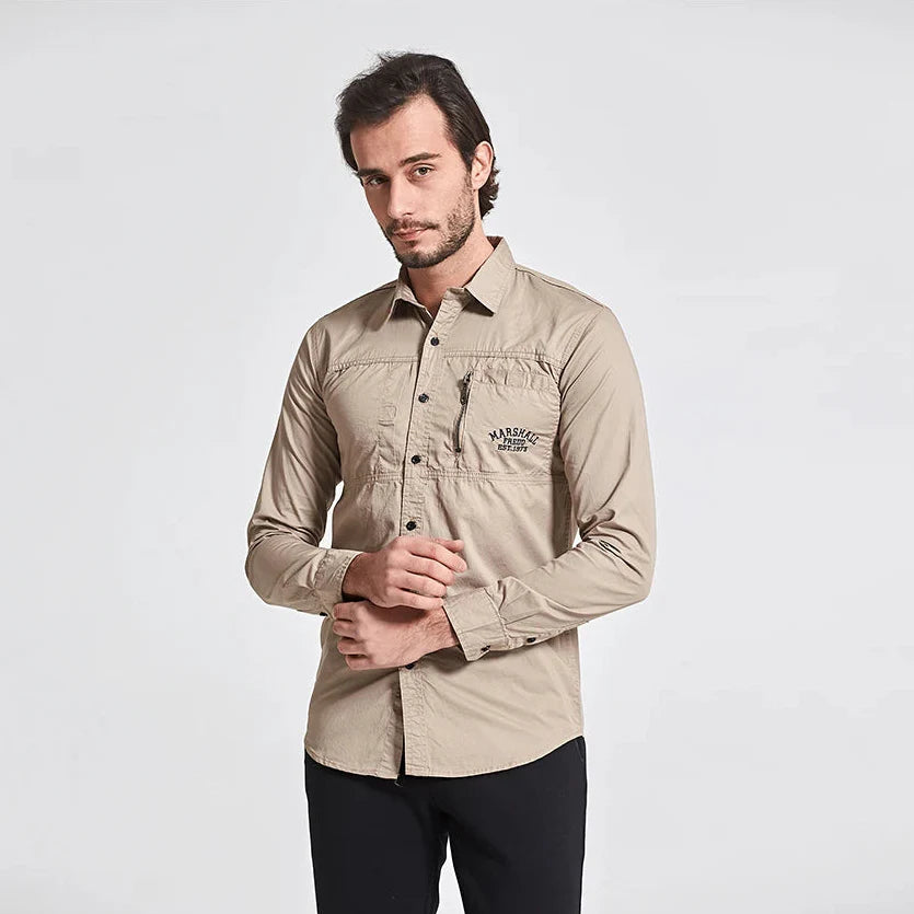 Men's Utility Solid Long Sleeve Shirt – Zip Chest Pocket Button Down Outdoor