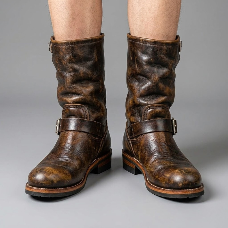 Men's Vintage Distressed Mid Calf Boots – Buckle Strap Low Heel Biker Casual