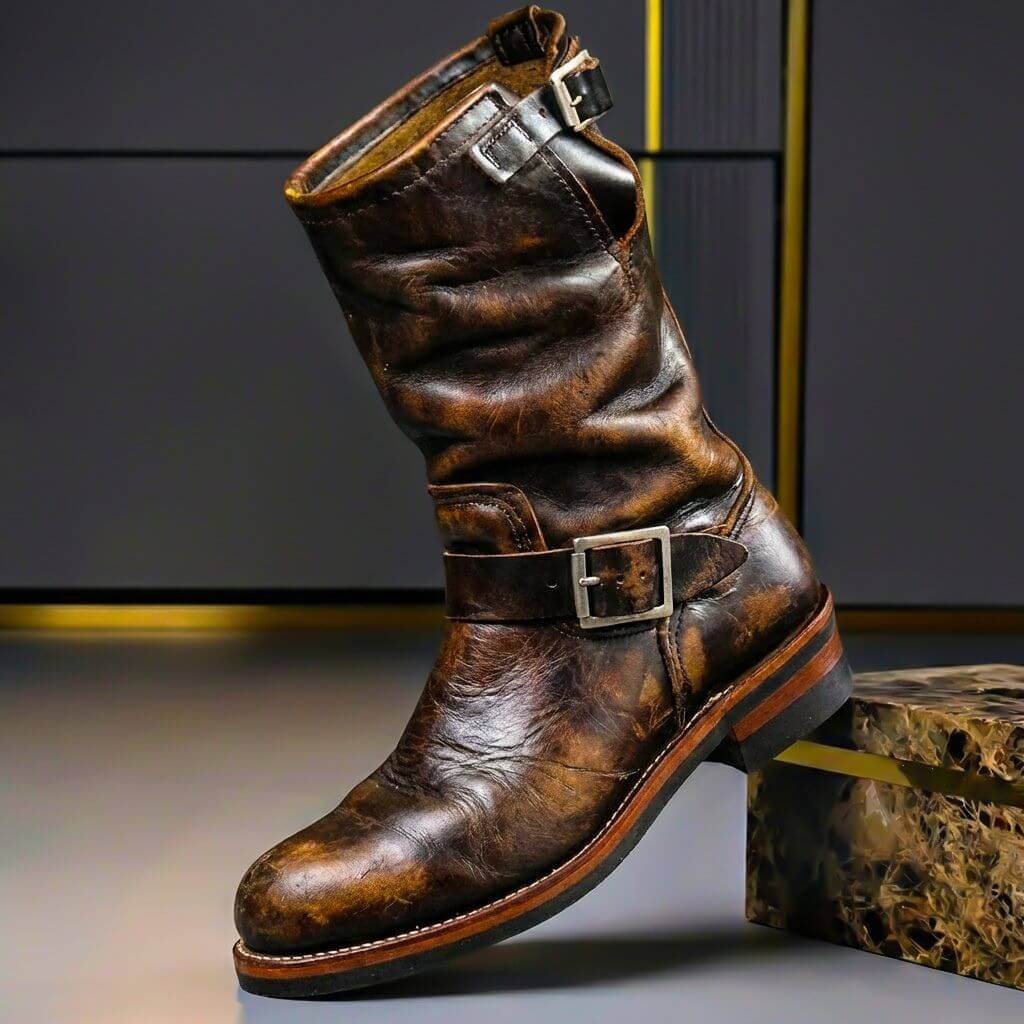 Men's Vintage Distressed Mid Calf Boots – Buckle Strap Low Heel Biker Casual