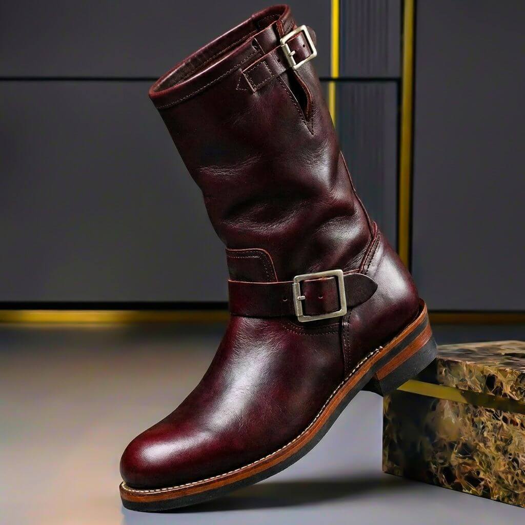 Men's Vintage Distressed Mid Calf Boots – Buckle Strap Low Heel Biker Casual