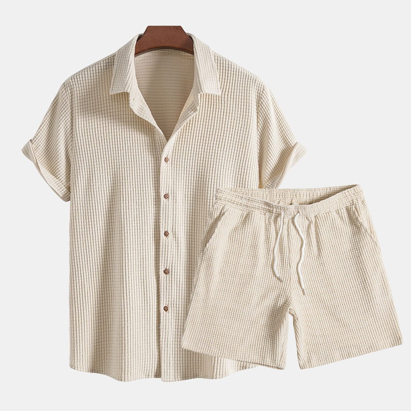 Men's Waffle Textured 2 Piece Set – Short Sleeve Shirt Drawstring Shorts Summer
