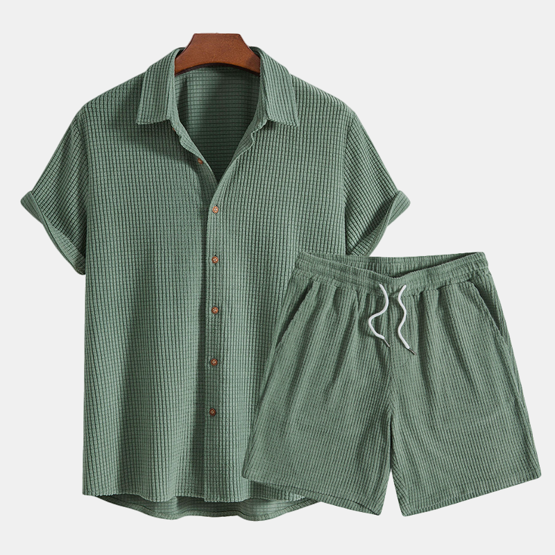 Men's Waffle Textured 2 Piece Set – Short Sleeve Shirt Drawstring Shorts Summer
