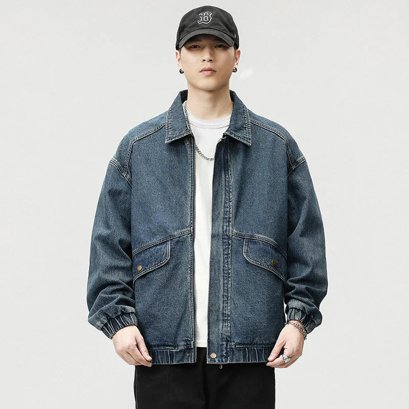 Men's Washed Denim Jacket – Zip Front Gathered Cuff Oversized Streetwear