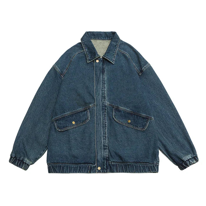 Men's Washed Denim Jacket – Zip Front Gathered Cuff Oversized Streetwear