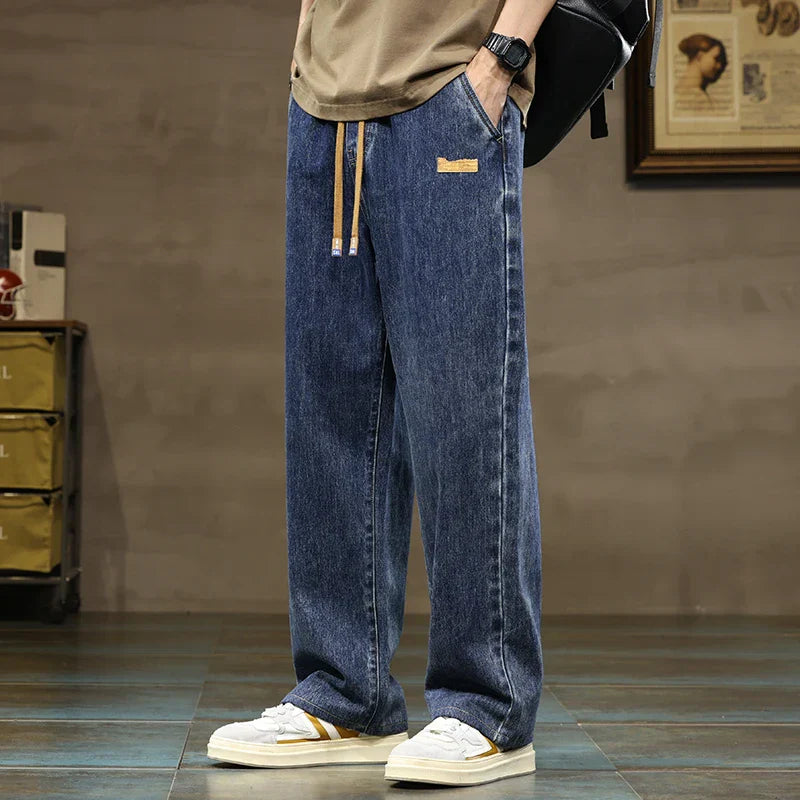 Men's Washed Wide Leg Jeans – Drawstring Waist Straight Fit Casual Street