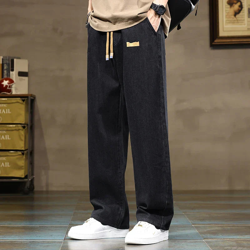 Men's Washed Wide Leg Jeans – Drawstring Waist Straight Fit Casual Street