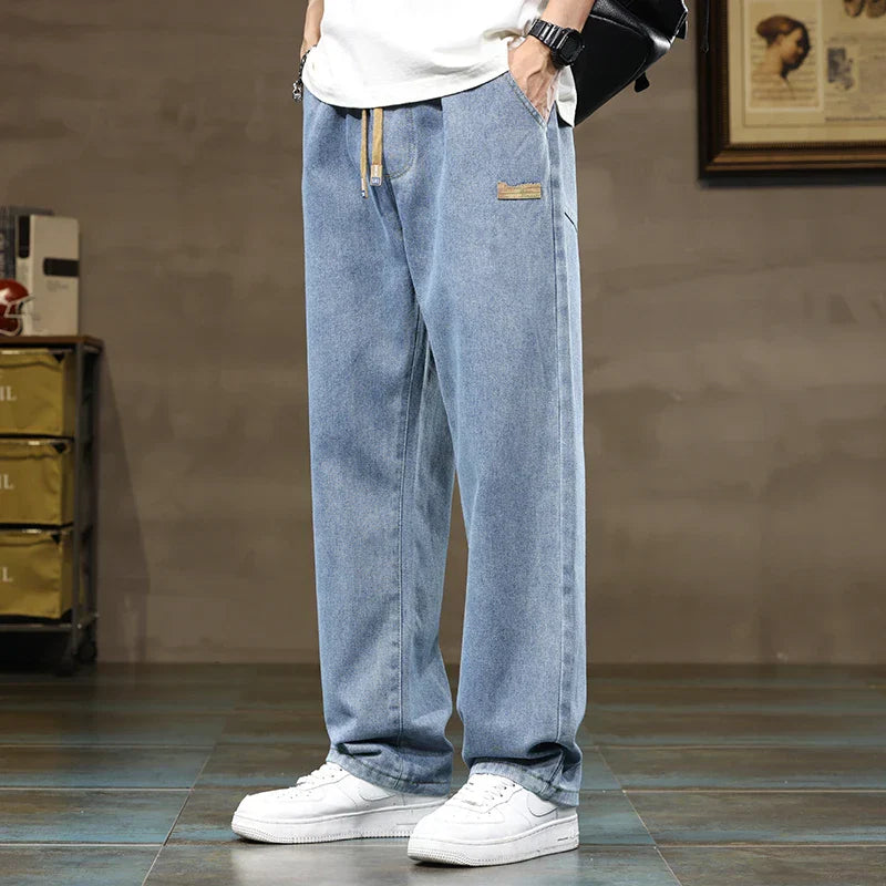 Men's Washed Wide Leg Jeans – Drawstring Waist Straight Fit Casual Street