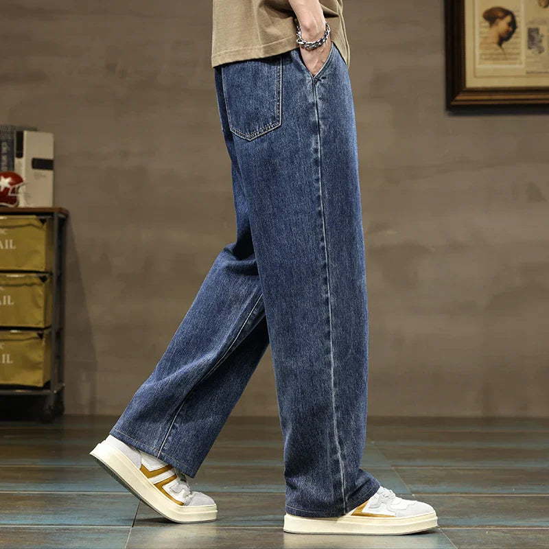 Men's Washed Wide Leg Jeans – Drawstring Waist Straight Fit Casual Street